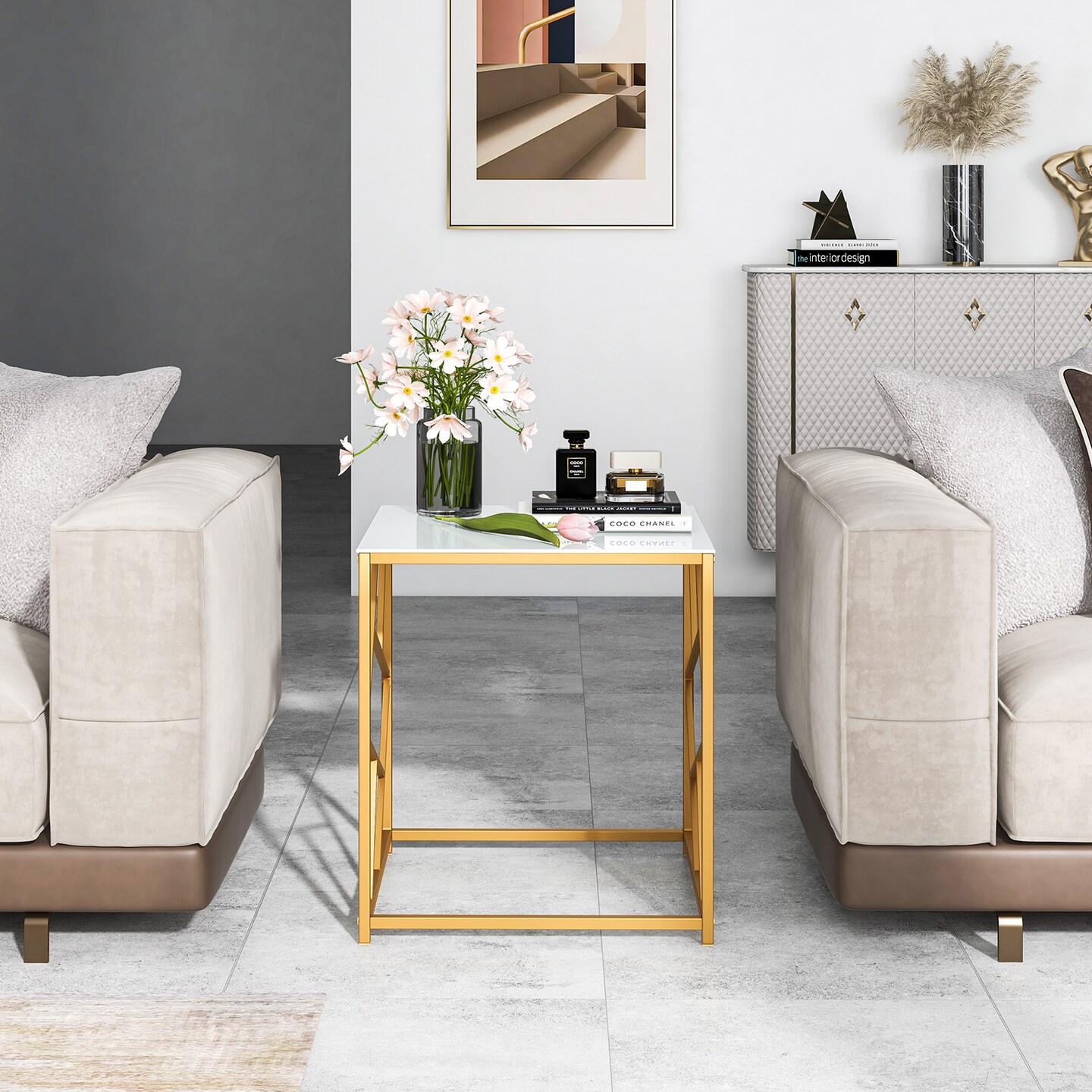 Square End Table With Tempered Glass Tabletop And Gold Finish Geometric Frame-golden