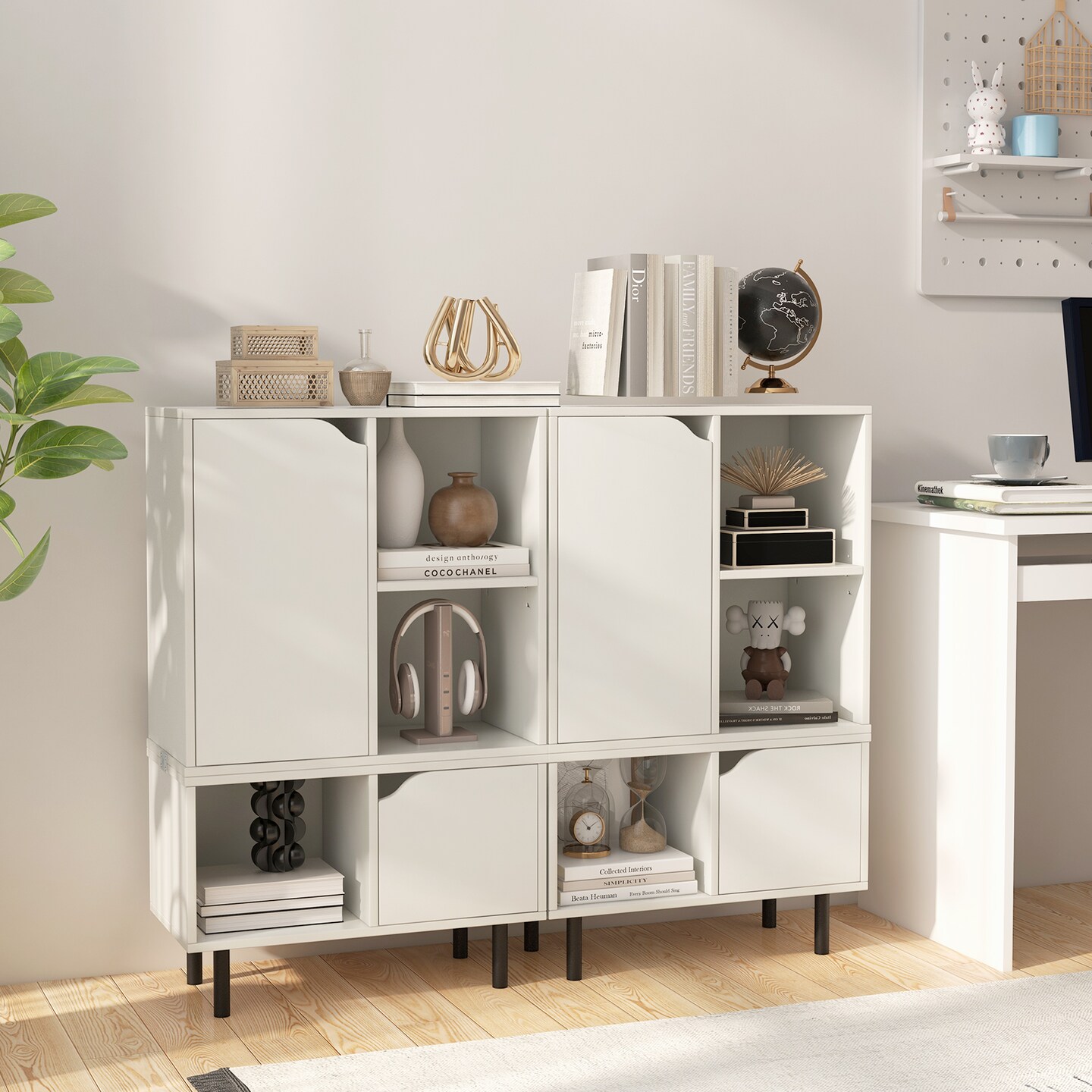 Stackable Bookcase With Adjustable Shelf And Cubes-white