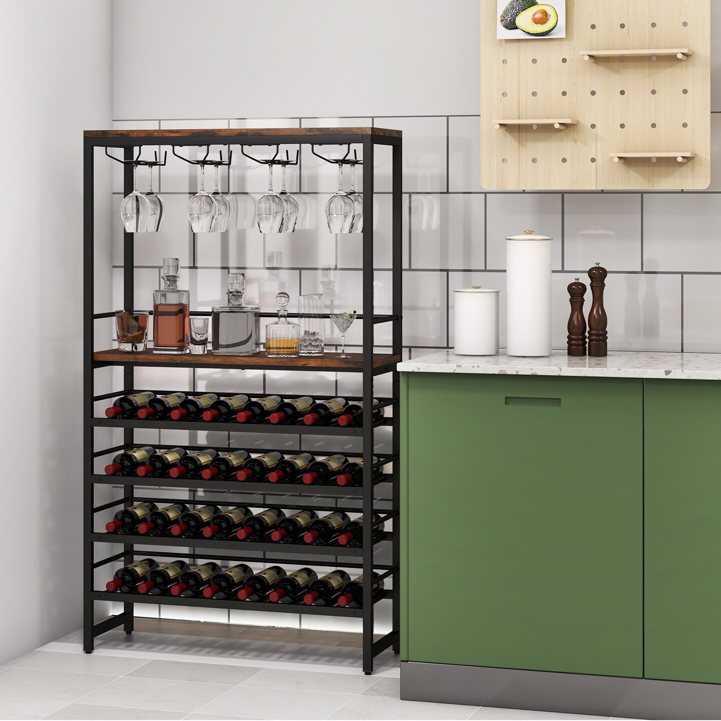 Freestanding Wine Bakers Rack With 4-tier Wine Storage and 4 Rows of Stemware Racks