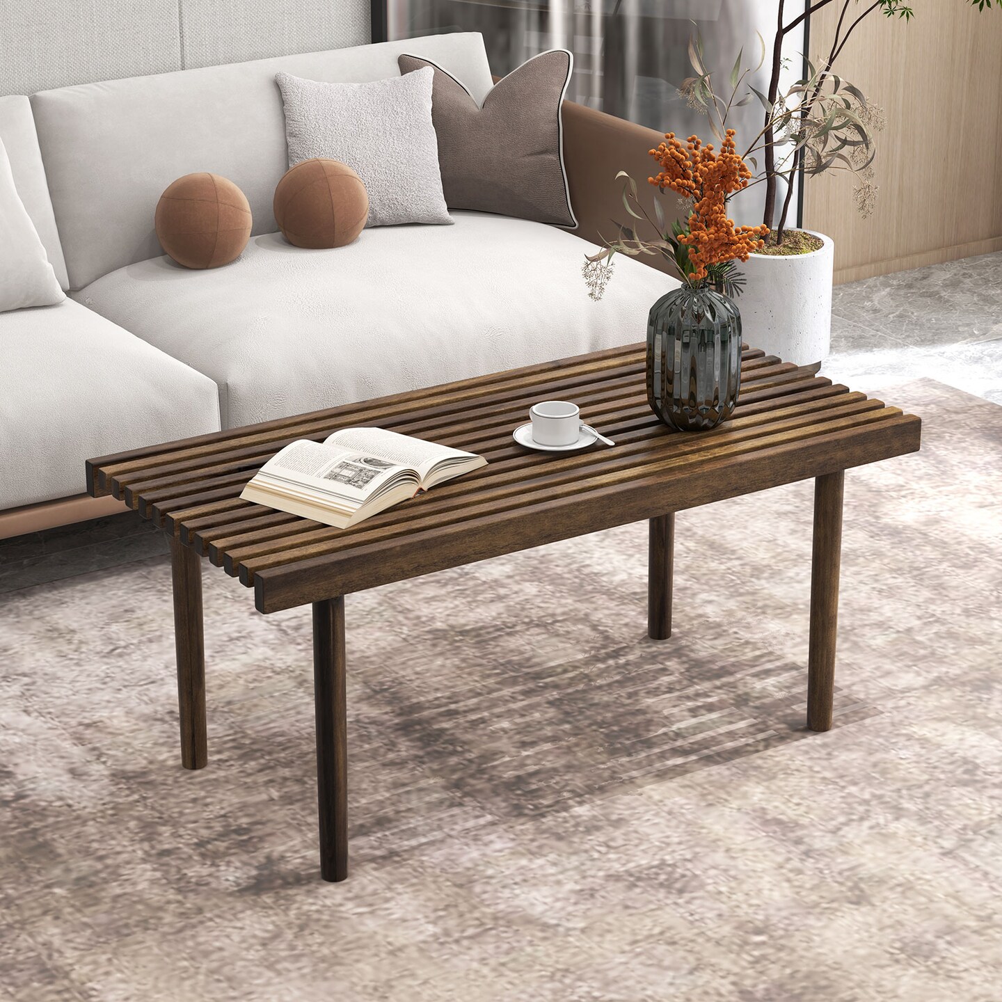 39 Inch Coffee Table With Slatted Tabletop For Living Room &#x26; Reception Room