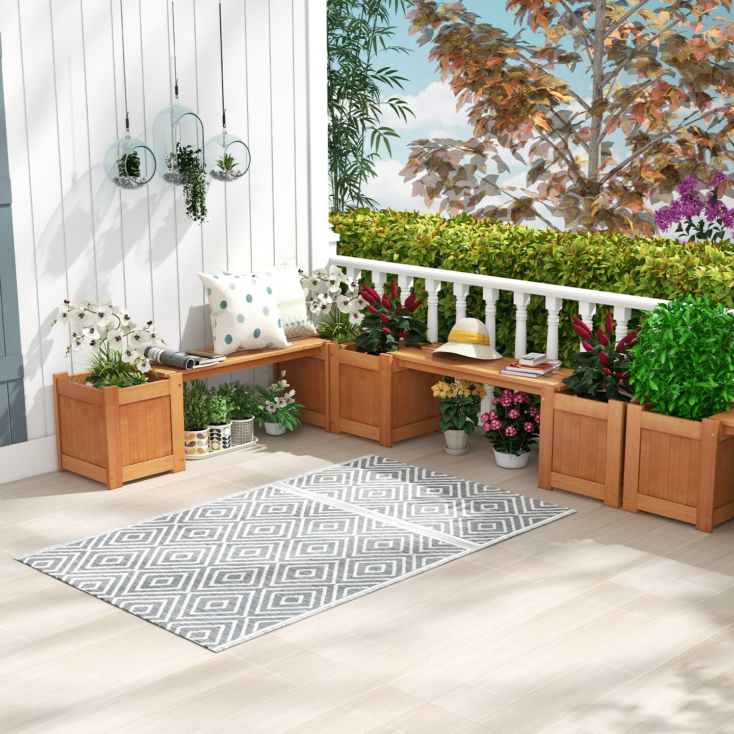 Outdoor Wooden Planter Box with Bench Raised Garden Bed Planter Natural