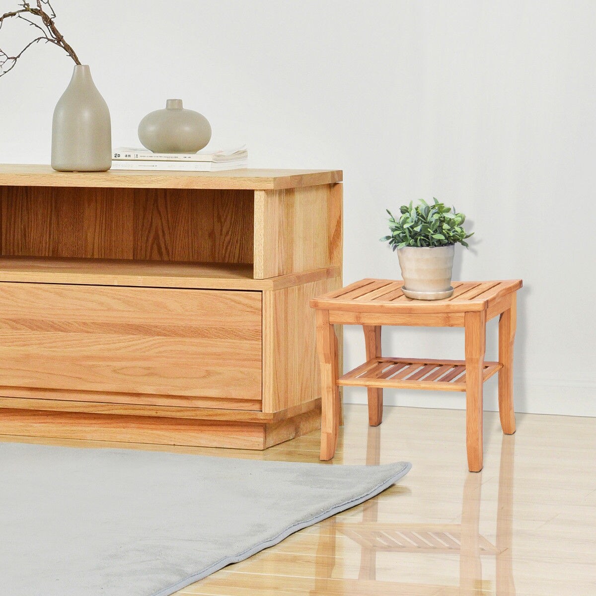 Bathroom Wicker Shower Chair Bench With Storage Shelf