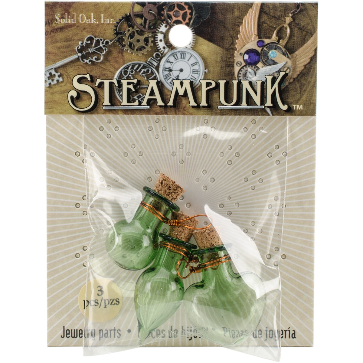 Solid Oak Steampunk Glass Accents 3/Pkg-Fancy Green Bottles