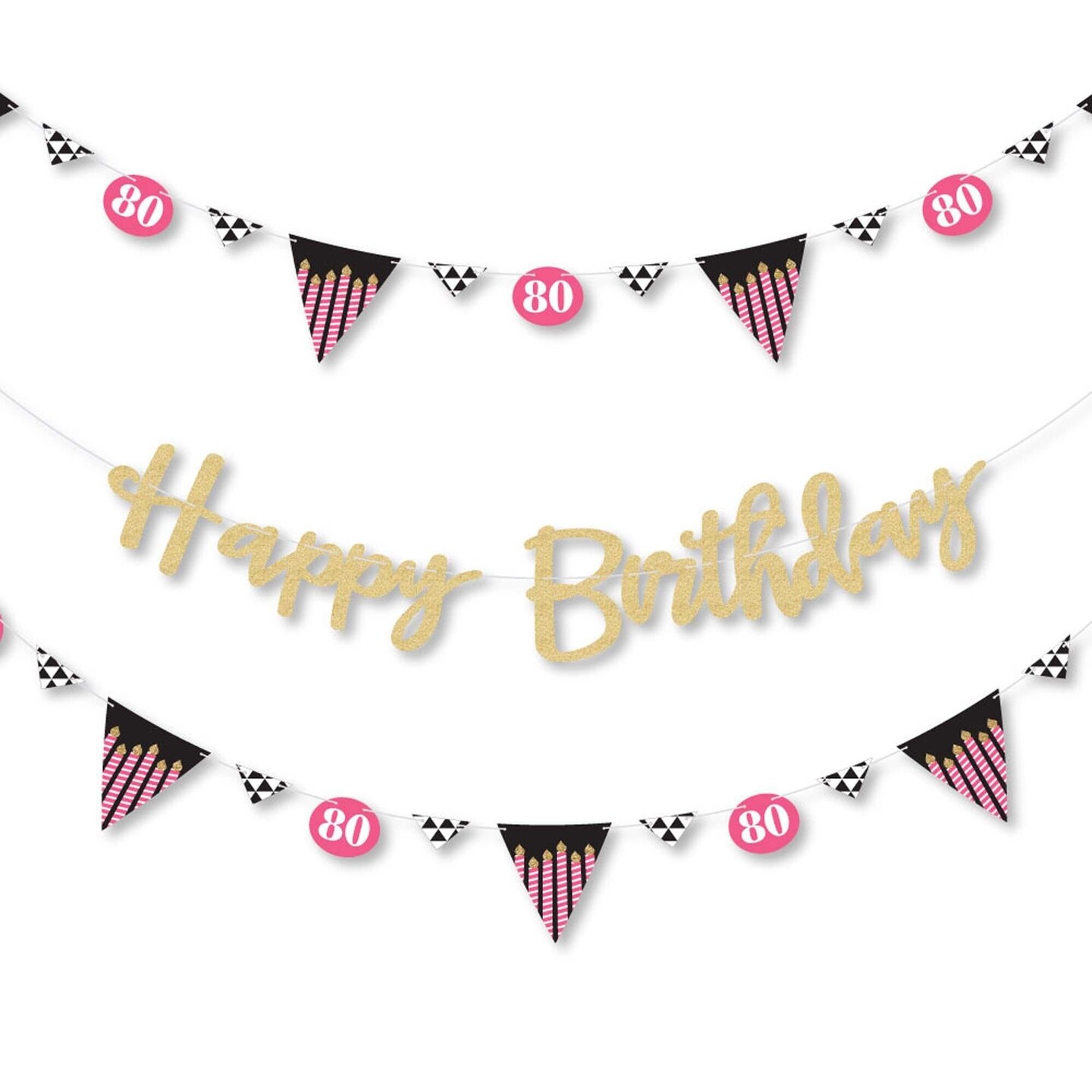 Big Dot of Happiness Chic 80th Birthday - Pink - Birthday Party Letter Banner Decor - 36 Cutouts &#x26; No-Mess Real Gold Glitter Happy Birthday Letters