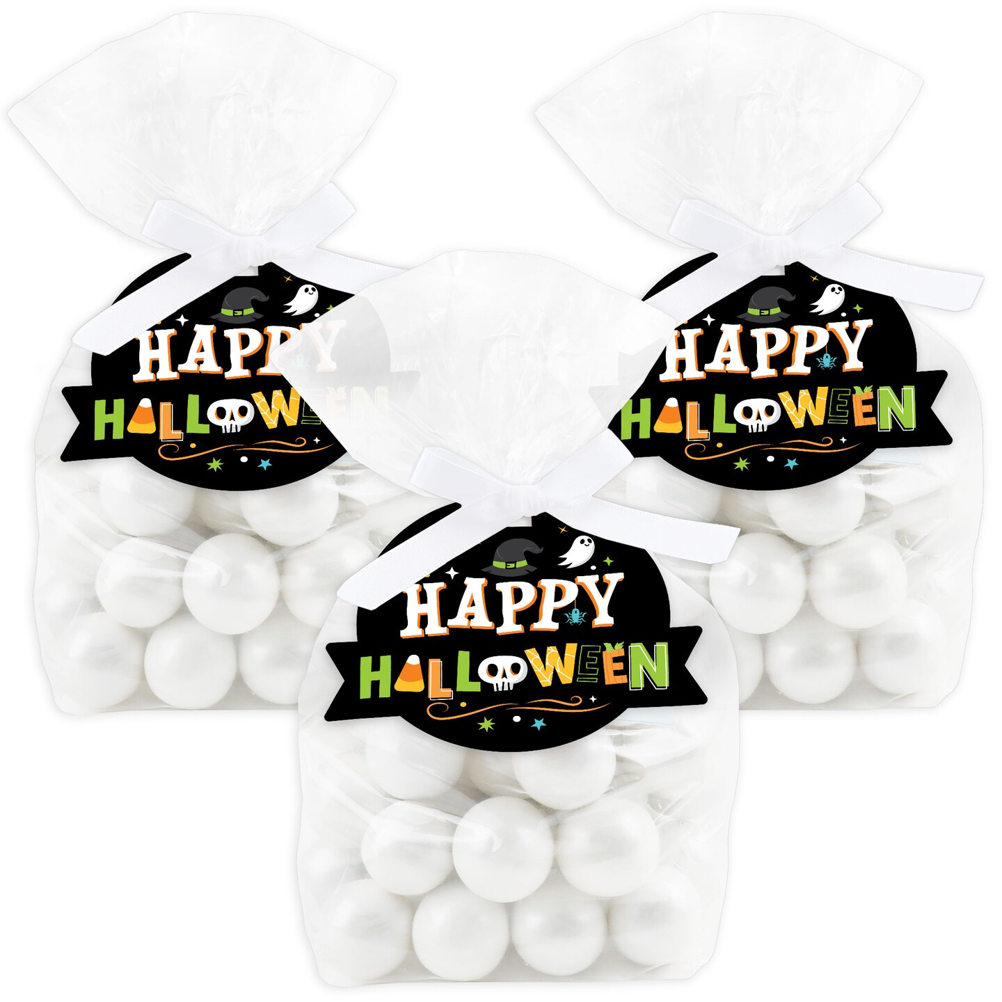 Big Dot of Happiness Jack-O&#x27;-Lantern Halloween - Kids Halloween Party Clear Goodie Favor Bags - Treat Bags With Tags - Set of 12