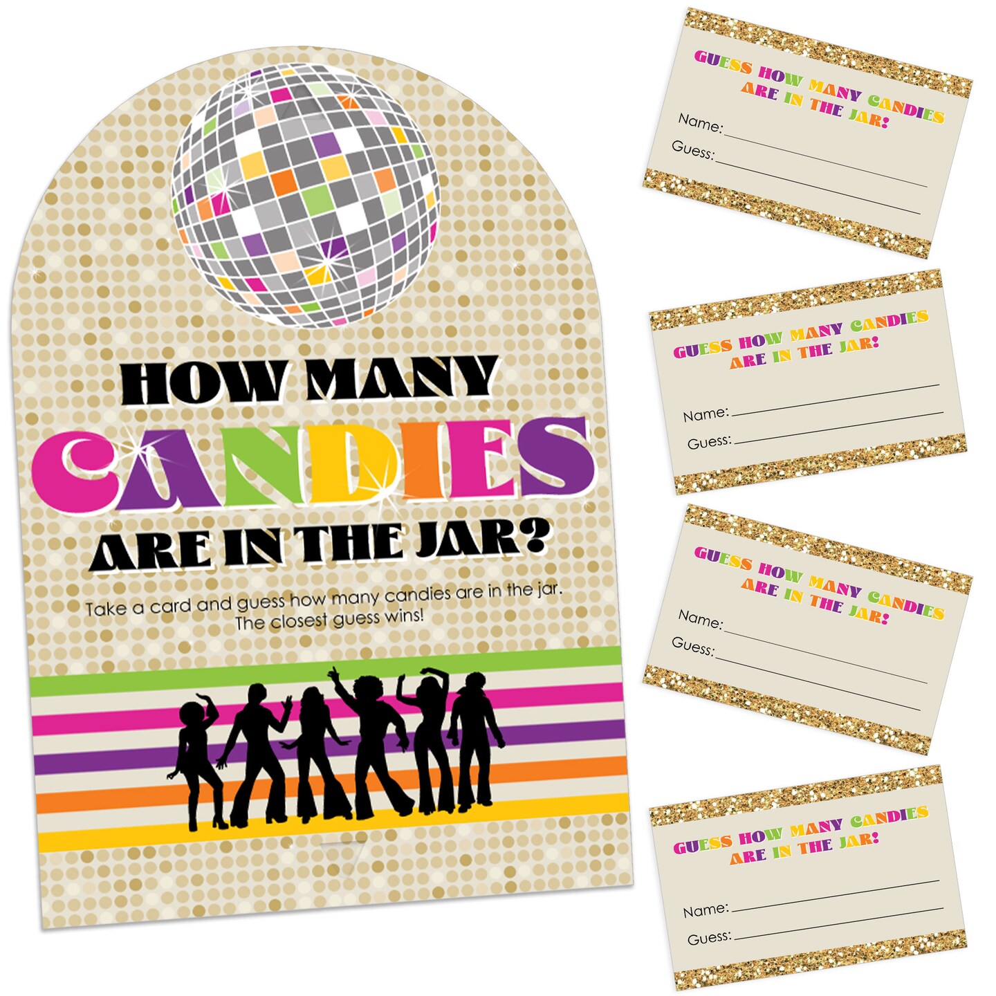 Big Dot of Happiness 70&#x2019;s Disco - How Many Candies 1970s Disco Fever Party Game - 1 Stand and 40 Cards - Candy Guessing Game