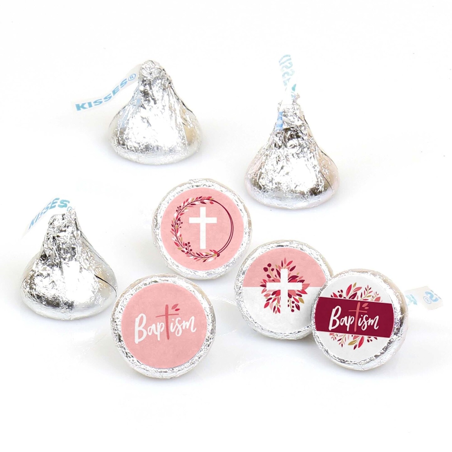 Big Dot of Happiness Baptism Pink Elegant Cross - Girl Religious Party Round Candy Sticker Favors - Labels Fits Chocolate Candy (1 sheet of 108)