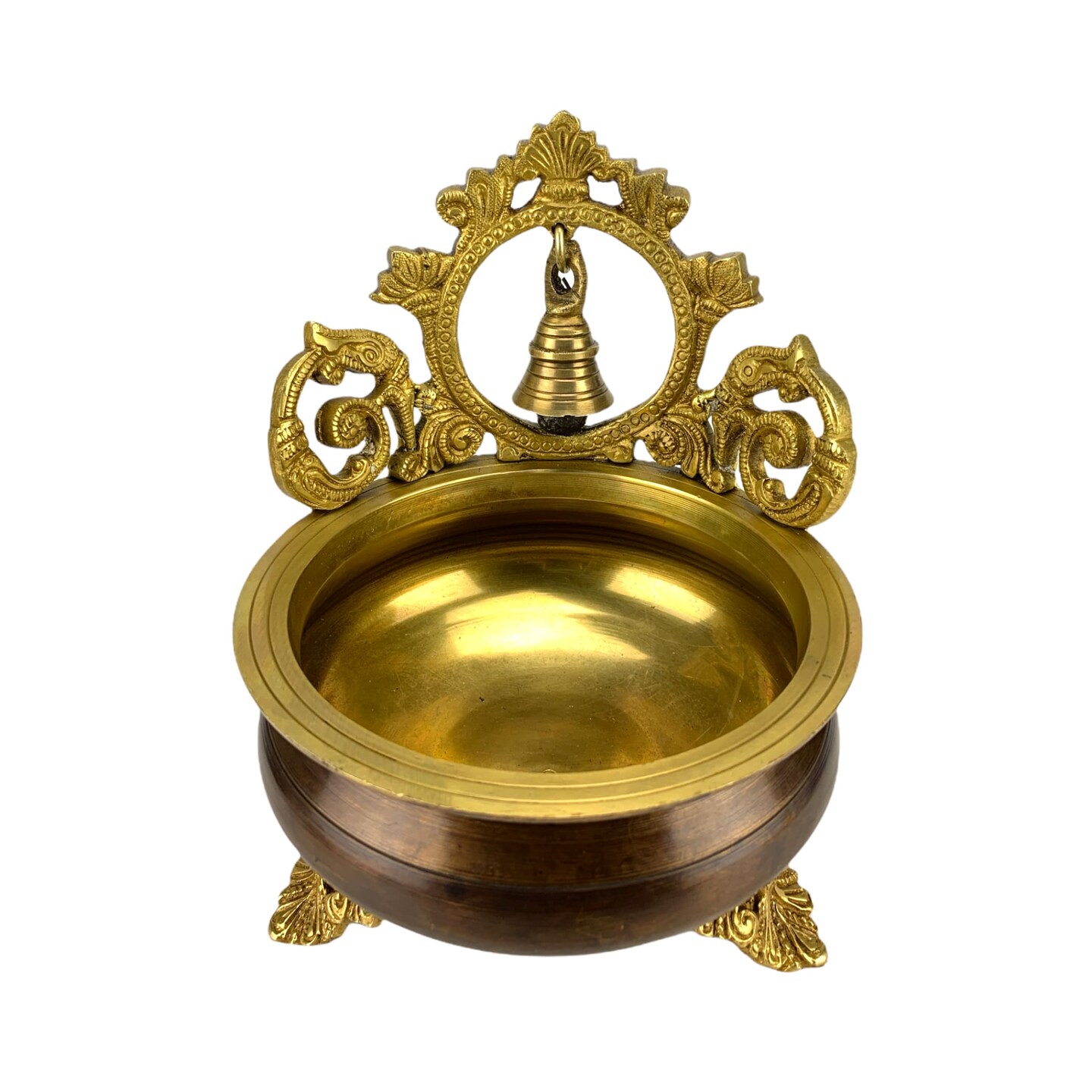 Brass Urli Bowl with Bell 7 Inch Indian Ethnic Urli Bowls for Floating Flowers Tea Light Candles Home Office Table Pooja Room Decor Diwali Decoration Showpiece Housewarming Gift