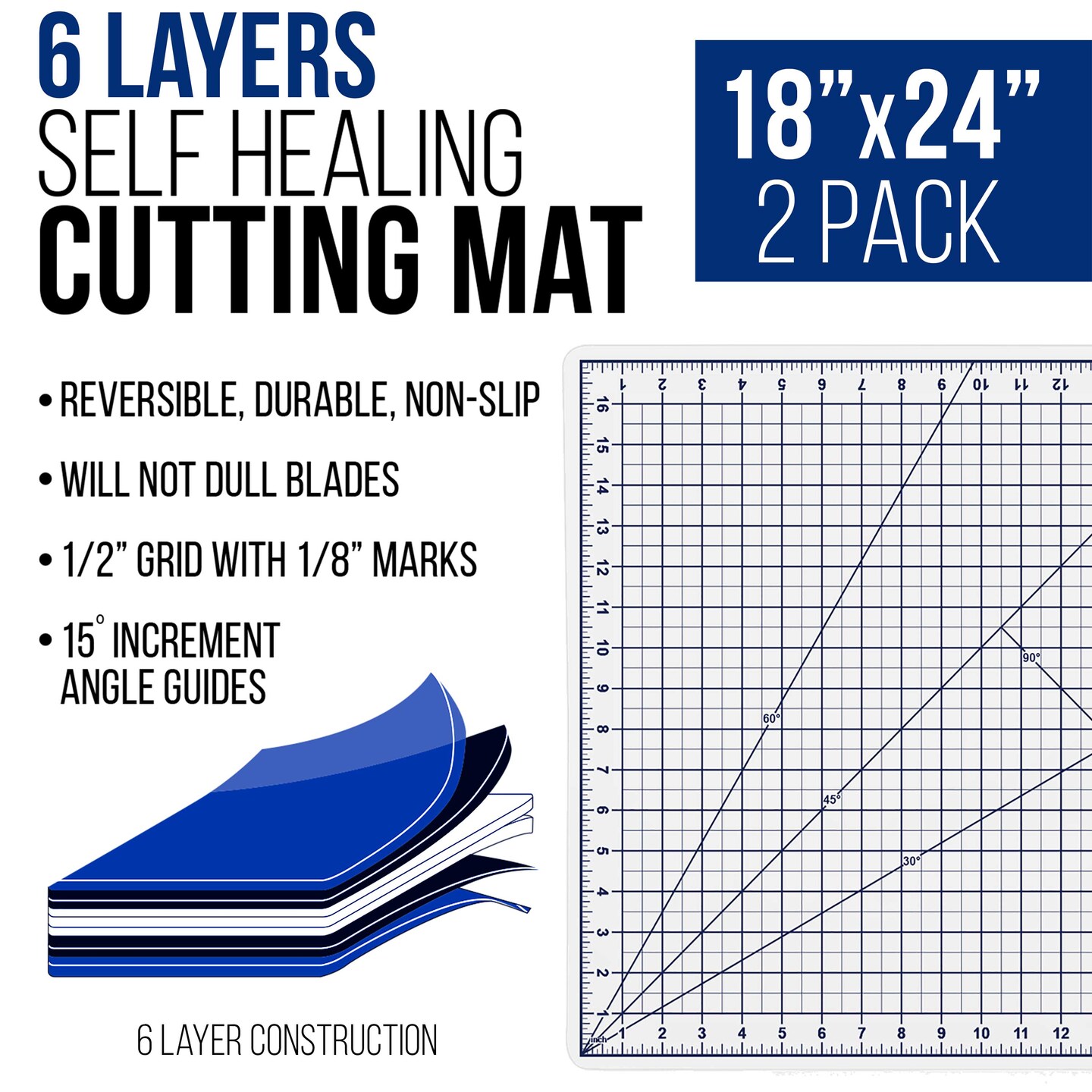 18" x 24" Self-Healing Cutting Mat 5-Ply (2 Pack) - Double-Sided White/Blue Craft Mat, Non-Slip Cutting Mats for Crafts, Sewing, Quilting, Scrapbooking