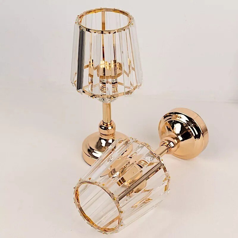 2 Gold Clear Metal Votive Candle Holders Crystal Glass Lamp Shade