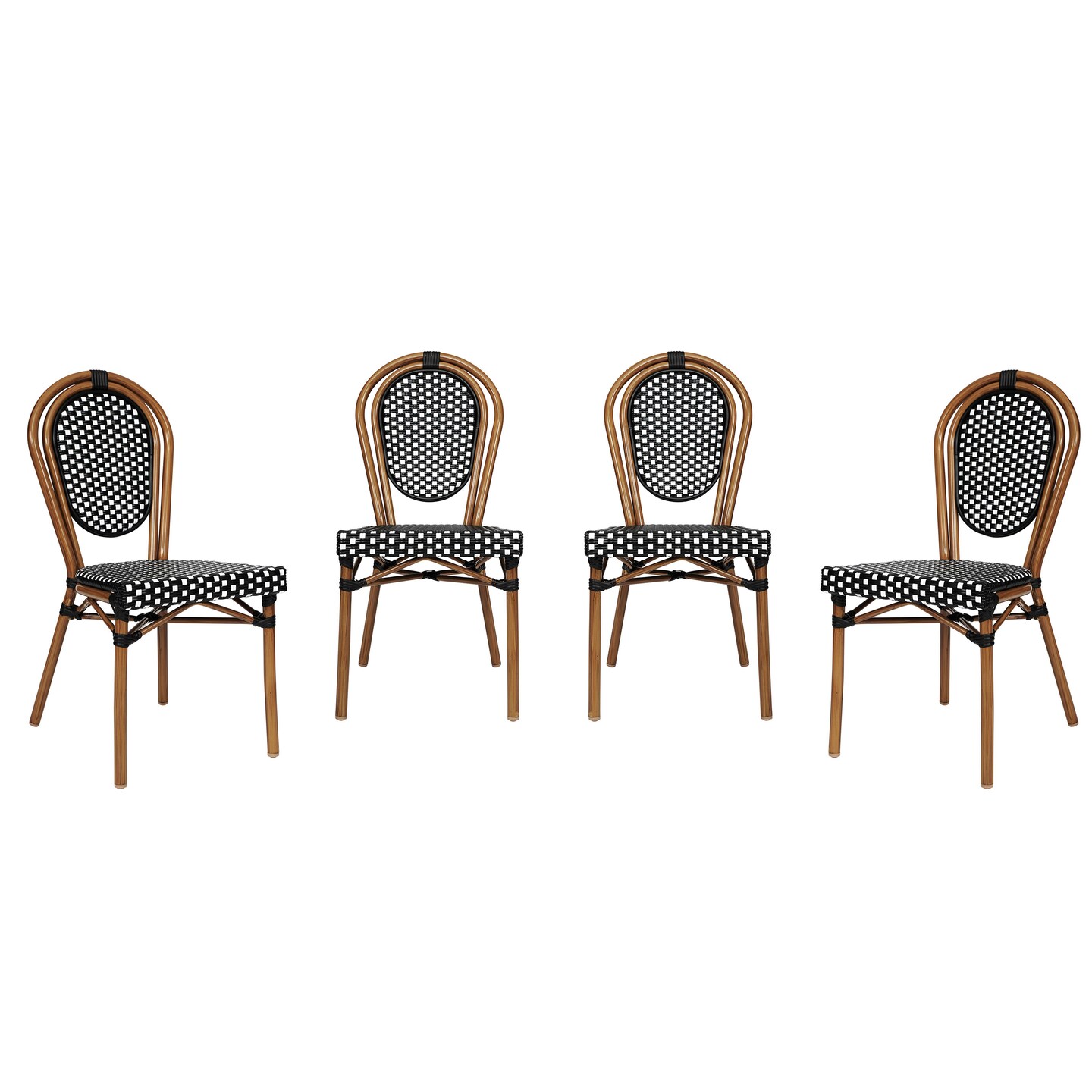 Merrick Lane Celia Set of Four Stacking Thonet Bistro Style Chair, PE Rattan Seat, and Metal Frame for Indoor/Outdoor Use