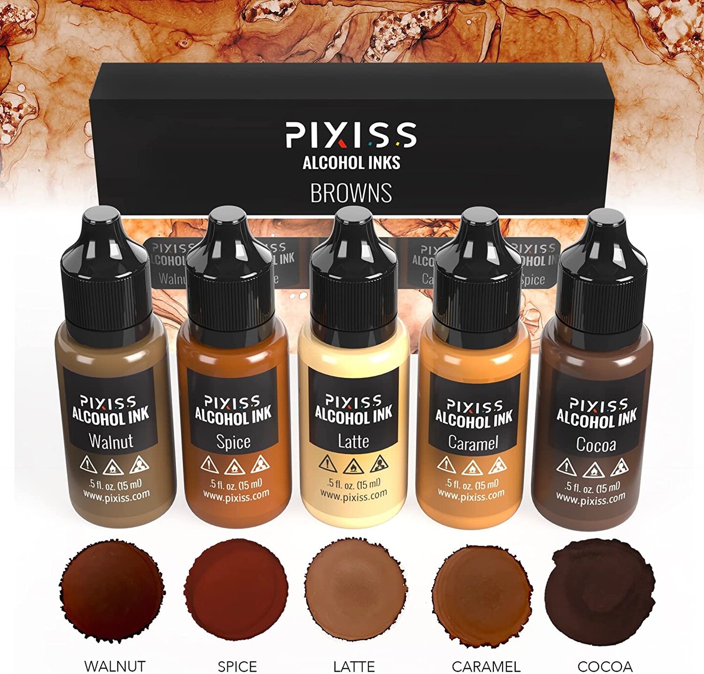 Pixiss Browns Alcohol Inks Set, 5 Highly Saturated Brown Alcohol Inks for Resin