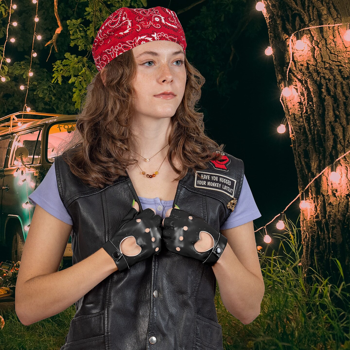 Fingerless Biker Jazz Gloves - 80s Style Gothic Black Faux Leather Punk Biker Gloves with Heart Cutout for Women and Kids