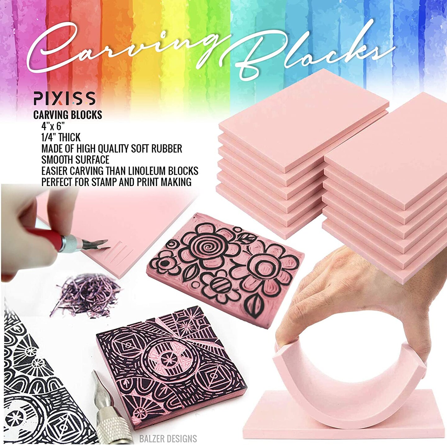 Pixiss Rubber Block Stamp Carving Kit with Cutter Tools, 25-Pack Carving Rubber Stamps