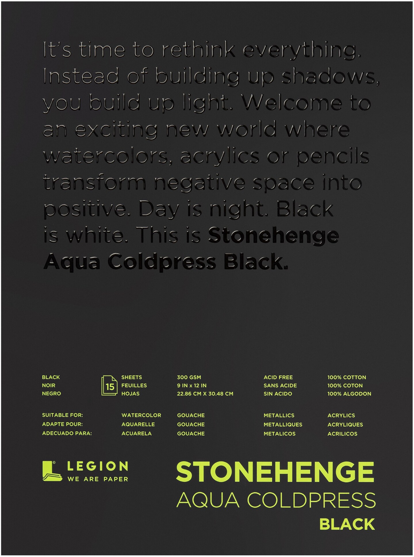 Stonehenge Aqua Block Coldpress Pad 9&#x22;X12&#x22; 15 Sheets/Pkg-Black 140lb