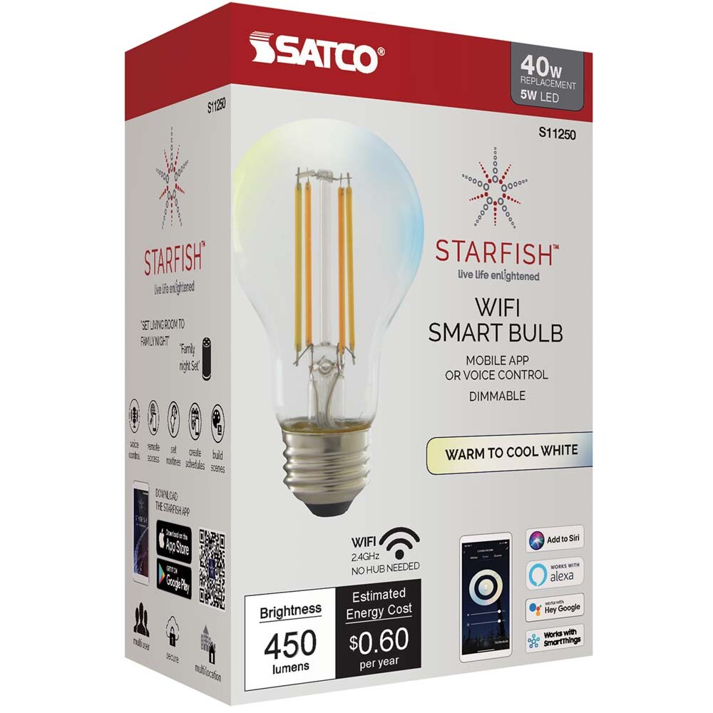 Satco 5w A19 Led Tunable White Starfish Iot Clear 450 Lumens 120 Volt