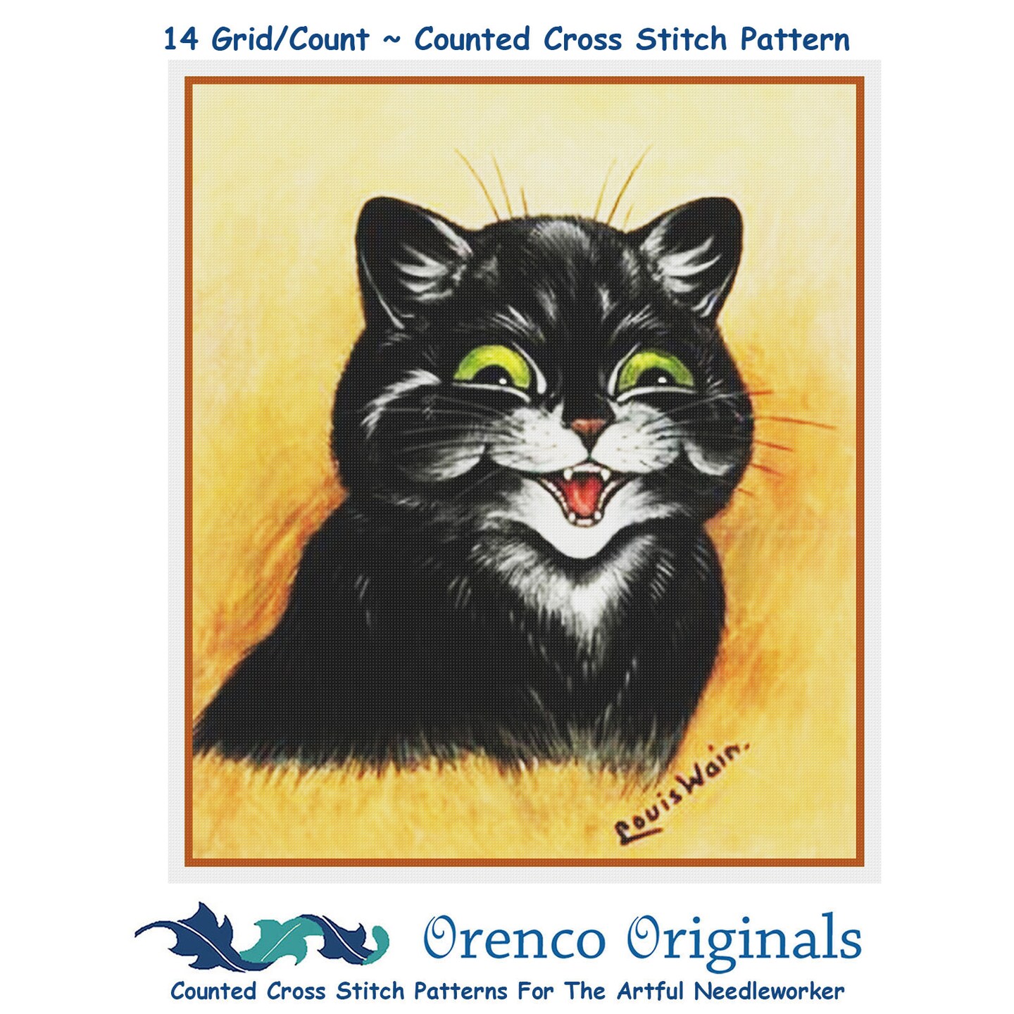 Louis Wain&#x27;s Smiling Black Kitty Cat Counted Cross Stitch Chart Pattern
