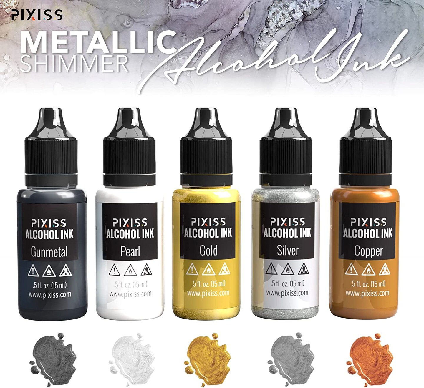 Pixiss Metallic Alcohol Ink Bundle, 5 Alcohol-Based Inks, 4oz White Alcohol Ink, Blower