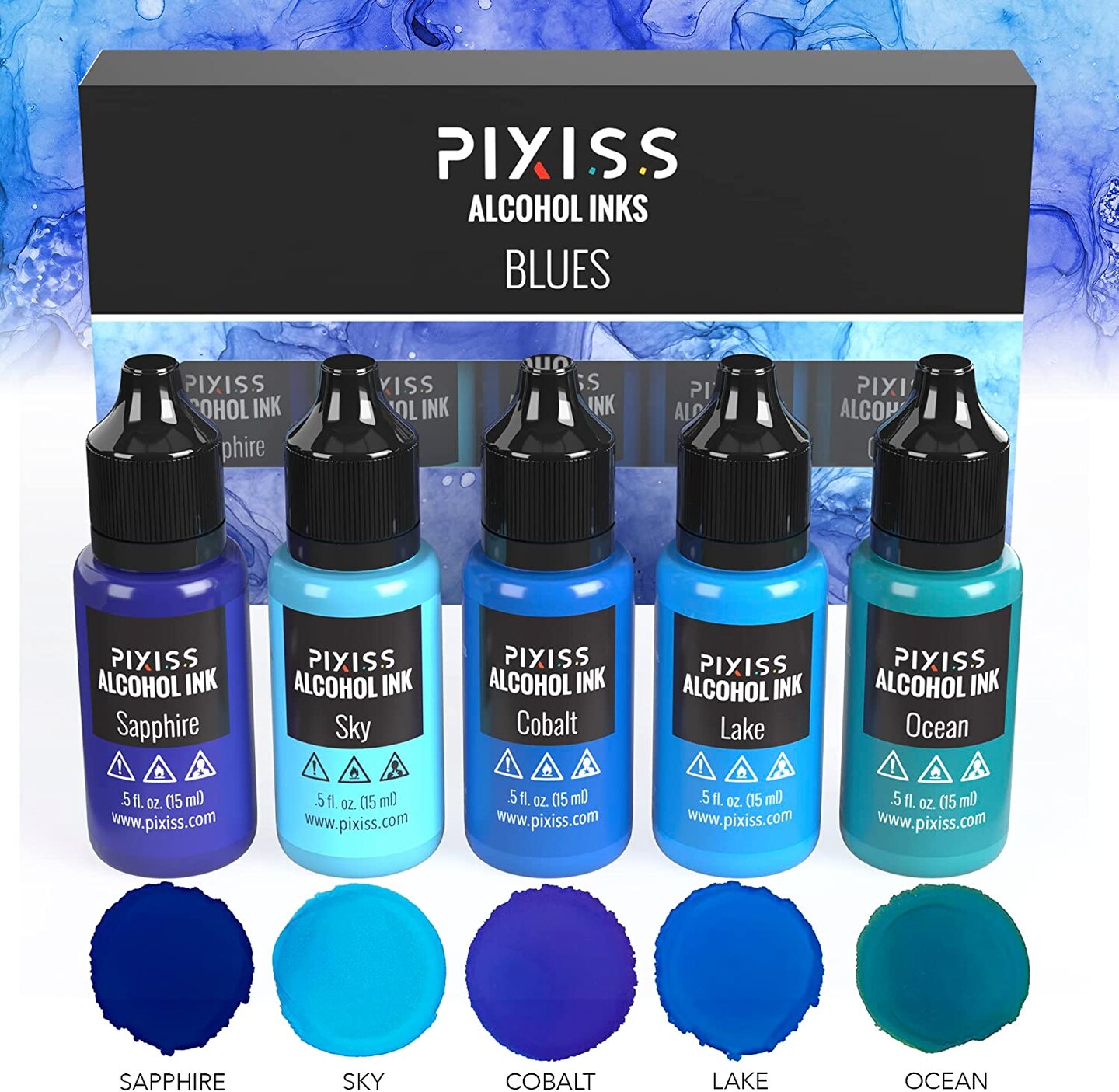 Pixiss Blues Alcohol Inks Set, 5 Highly Saturated Blue Alcohol Inks for Resin