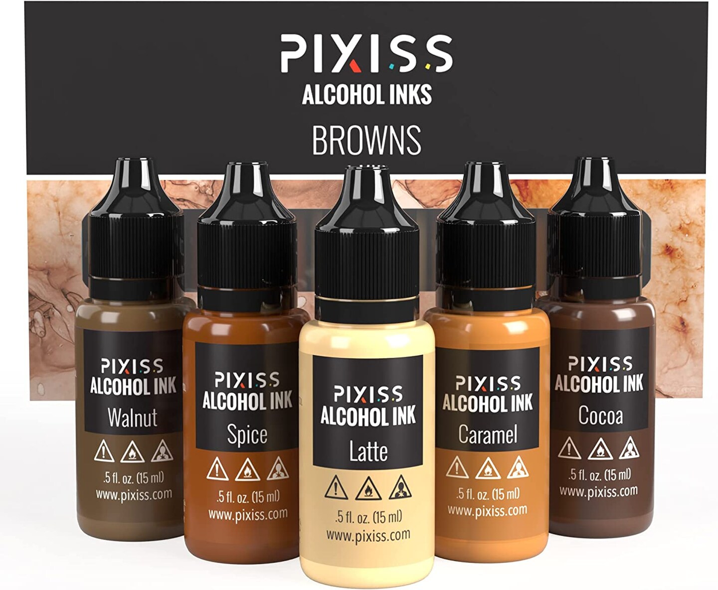 Pixiss Browns Alcohol Inks Set, 5 Highly Saturated Brown Alcohol Inks for Resin