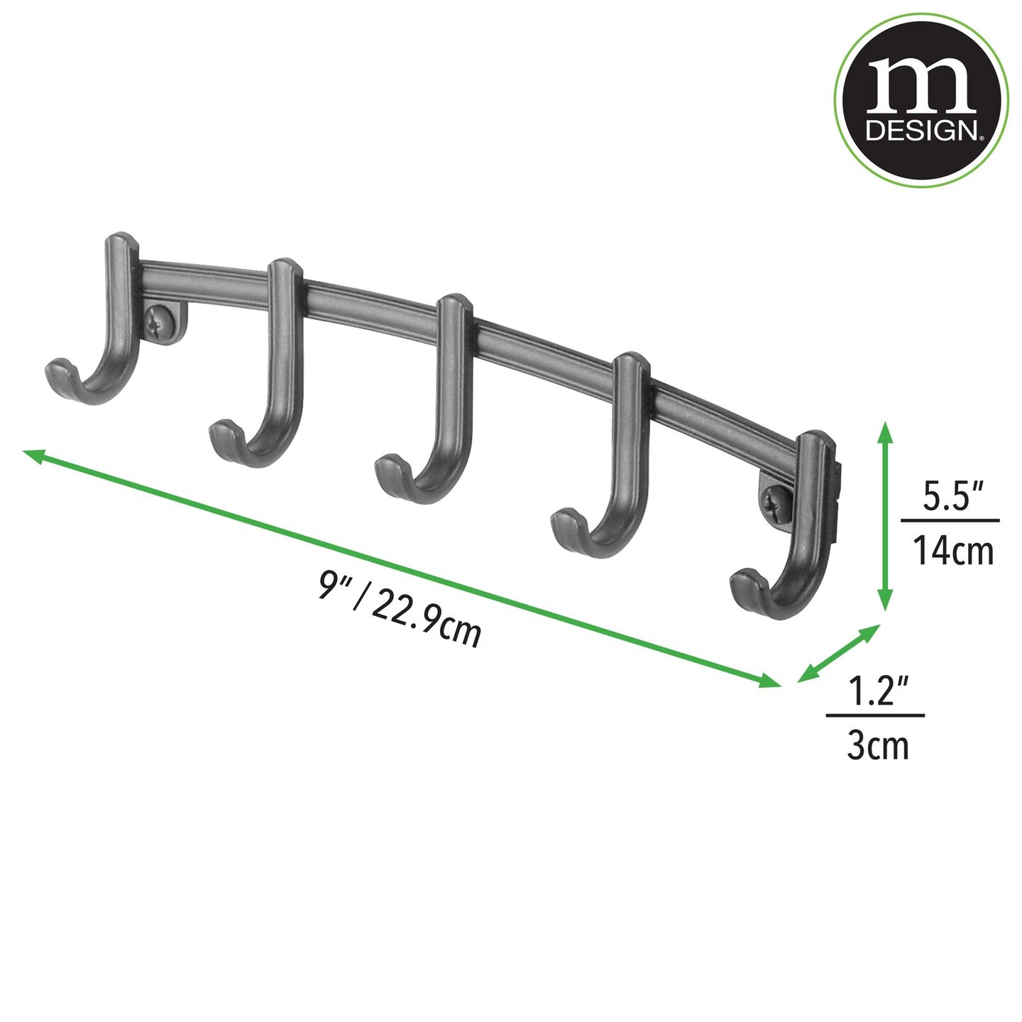 mDesign Small Wall Mount Key Ring Holder Hook Rack with 5 Hooks