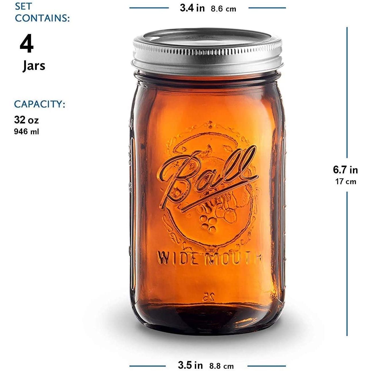 Ball Amber Glass Wide Mouth Mason Jars (32 oz/ Quart ) 12 Pack. With Airtight lids and Bands - Amber Canning Jar - UV light Protection - Microwave &#x26; Dishwasher Safe.