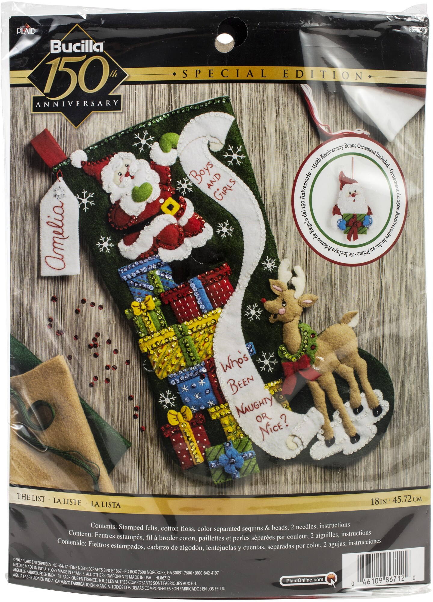 Bucilla Felt Stocking Applique Kit 18&#x22; Long-The List