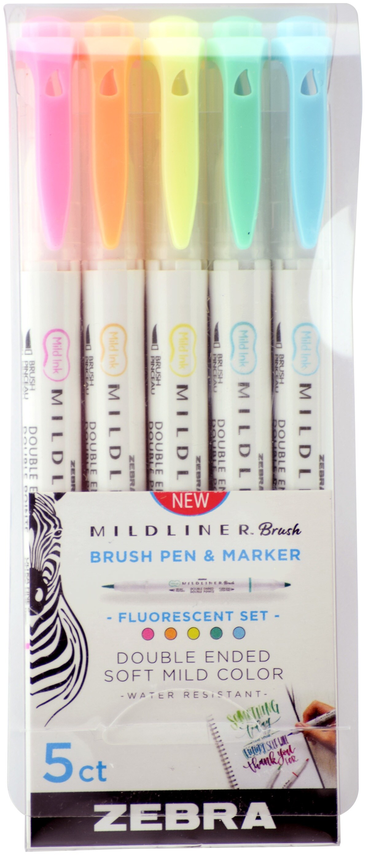 Zebra Mildliner Double Ended Brush Pen & Marker 5/Pkg Fluorescent