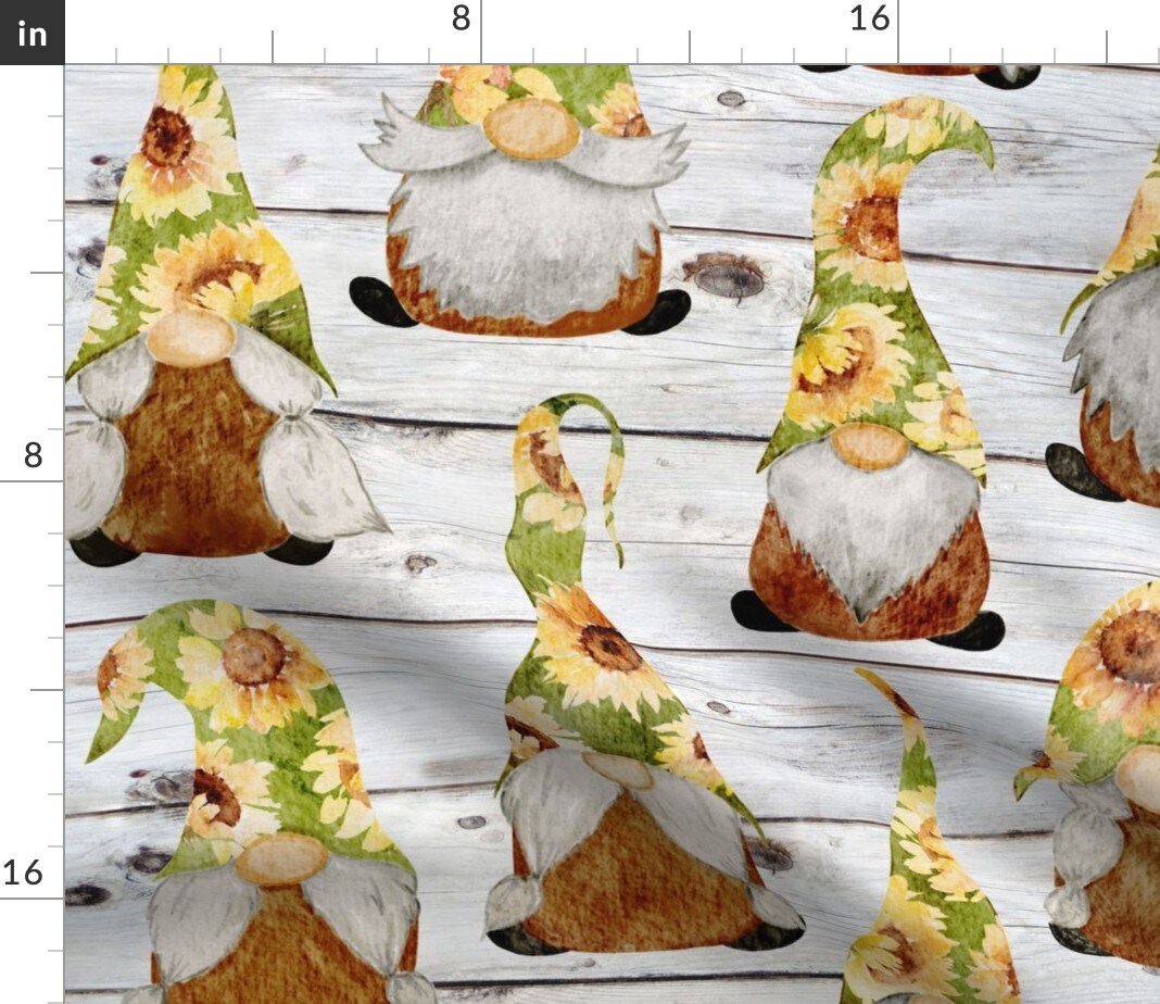 Sunflower Gnomes Yellow Home Decor Gnome Watercolor Daisies Sunflowers Custom Printed Fabric by Spoonflower Various Fabrics by the Yard or Fat Quarter
