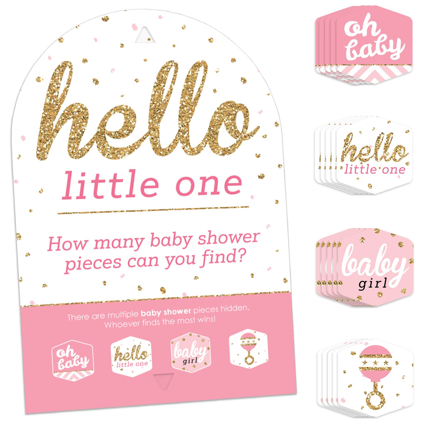 Big Dot of Happiness Hello Little One - Pink and Gold - Girl Baby Shower Scavenger Hunt - 1 Stand and 48 Game Pieces - Hide and Find Game