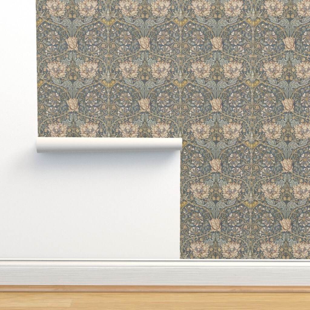 Arts And Crafts English Garden Honeysuckle Floral Damask William Morris Custom Removable Wallpaper by Spoonflower Peel & Stick Wallpaper 2FT Wide
