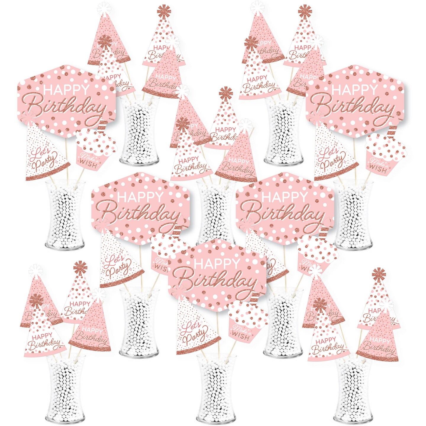 Big Dot of Happiness Pink Rose Gold Birthday - Happy Birthday Party Centerpiece Sticks - Showstopper Table Toppers - 35 Pieces
