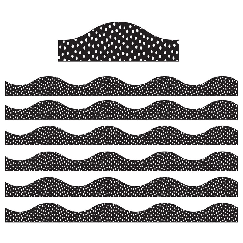 Magnetic Scallop Border, White Messy Dots on Black, 12 Feet Per Pack, 6 Packs