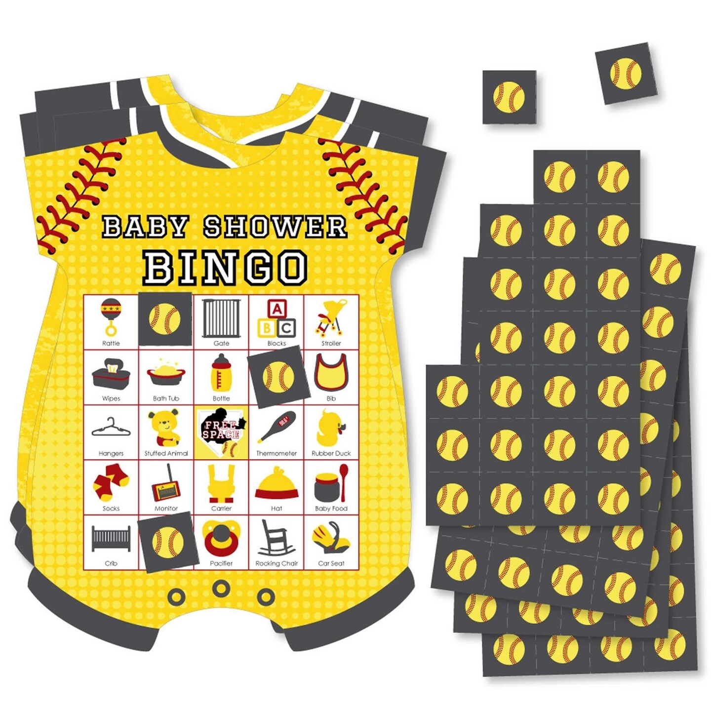 Big Dot of Happiness Grand Slam - Fastpitch Softball - Picture Bingo Cards and Markers - Baby Shower Shaped Bingo Game - Set of 18