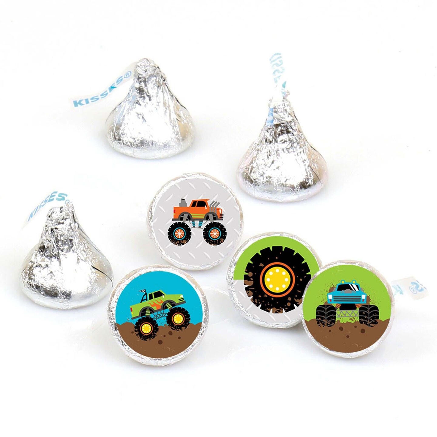 Big Dot of Happiness Smash and Crash - Monster Truck - Boy Birthday Party Round Candy Sticker Favors - Labels Fits Chocolate Candy (1 sheet of 108)