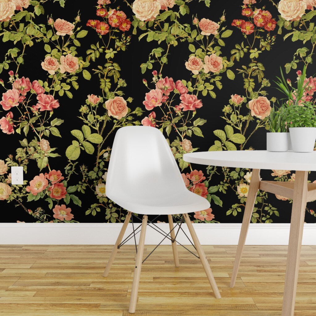 Peel &#x26; Stick Wallpaper 2FT Wide Moody Floral Rose Flower Vintage Victorian Black English Dark Custom Removable Wallpaper by Spoonflower