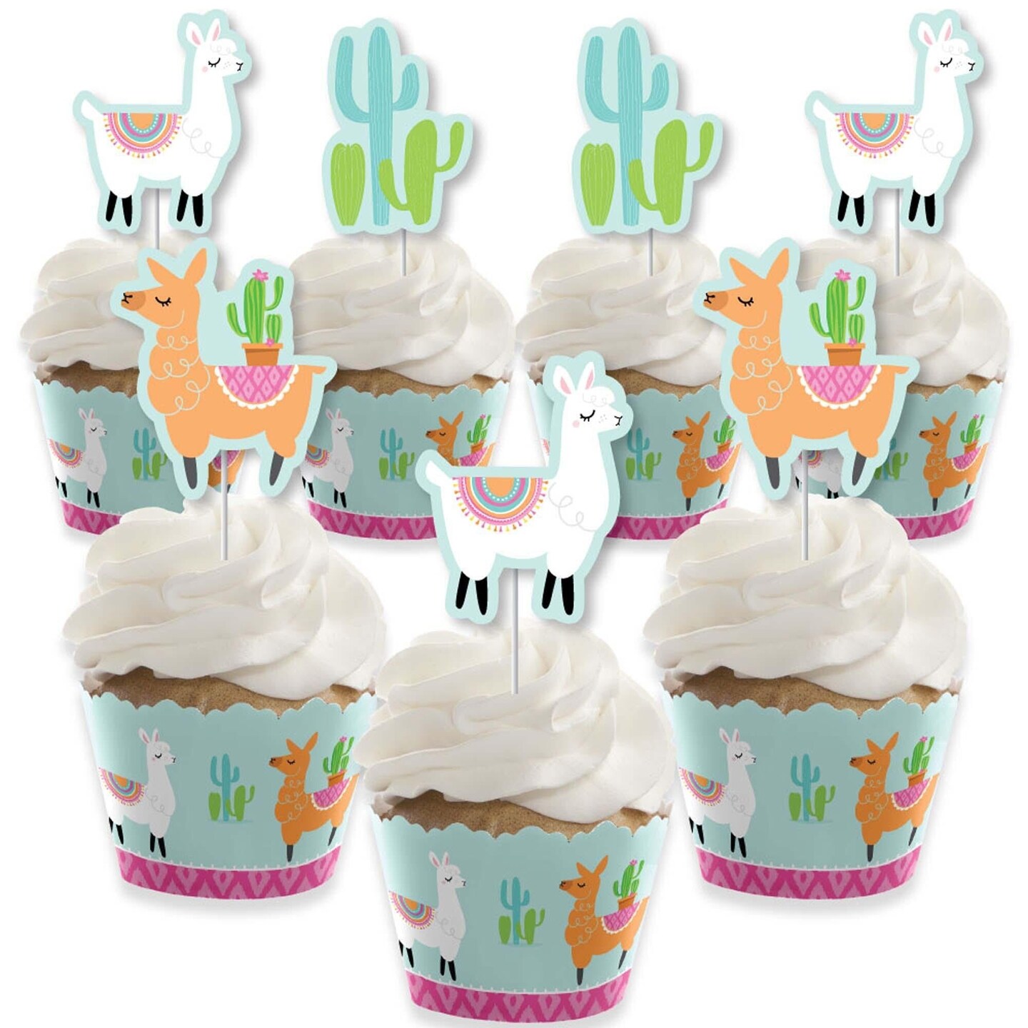 Big Dot of Happiness Whole Llama Fun - Cupcake Decoration - Llama Fiesta Baby Shower or Birthday Party Cupcake Wrappers &#x26; Treat Picks Kit - Set of 24