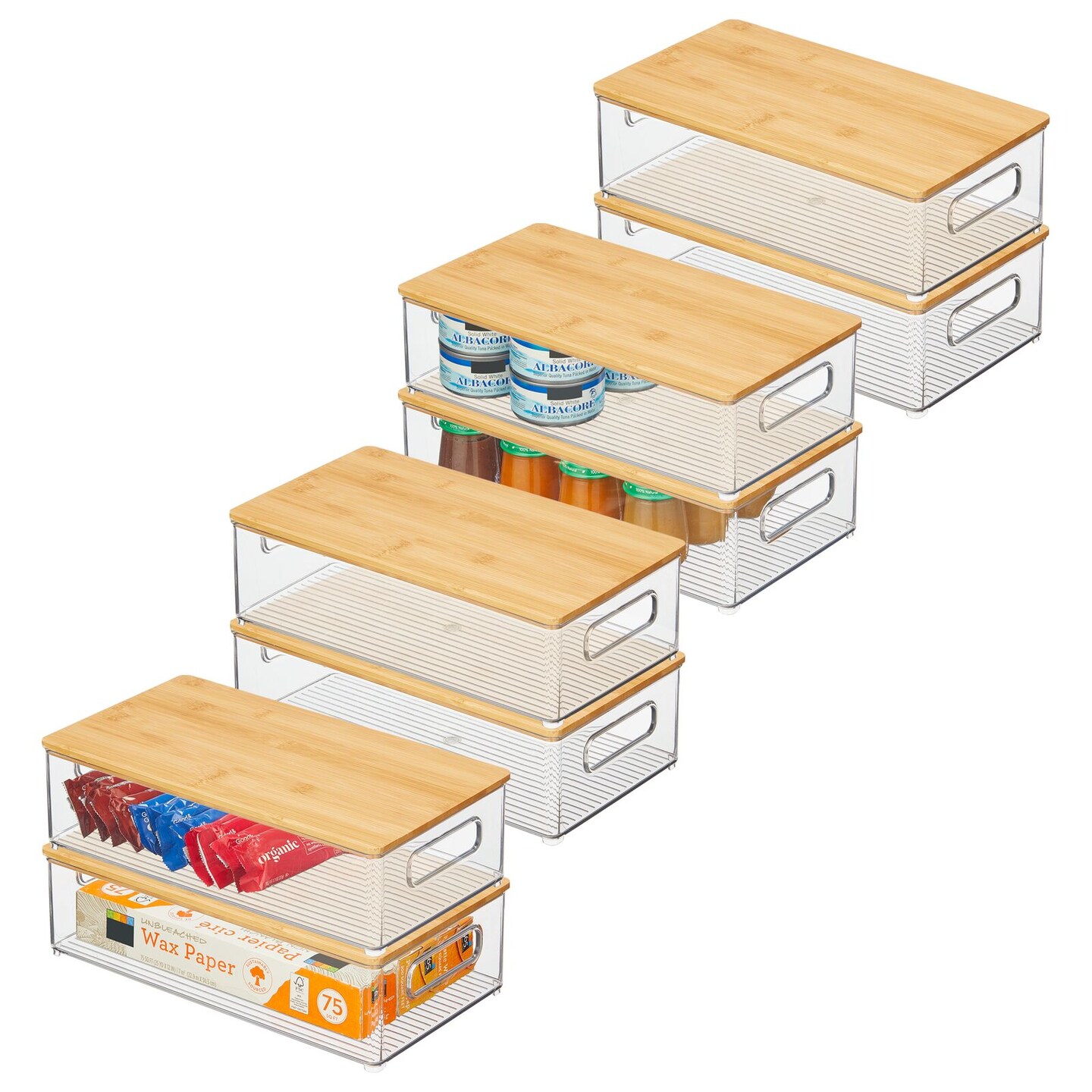 mDesign Plastic Kitchen Storage Box with Bamboo Lid and Handles, 8 Pack