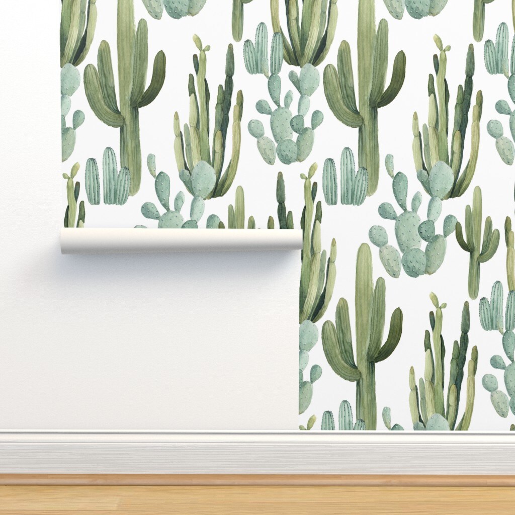 Desert Cactus Greenery Cacti Watercolor Southwestern Boho Nursery Succulents Kid Decor Custom Removable Wallpaper by Spoonflower Peel & Stick Wallpaper 2FT Wide