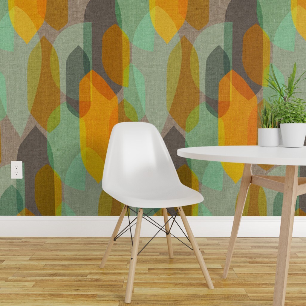 Peel &#x26; Stick Wallpaper 2FT Wide Mid Century Modern Retro 1950S Linen Look Earth Tones Abstract 1960S Vintage Inspired Custom Removable Wallpaper by Spoonflower