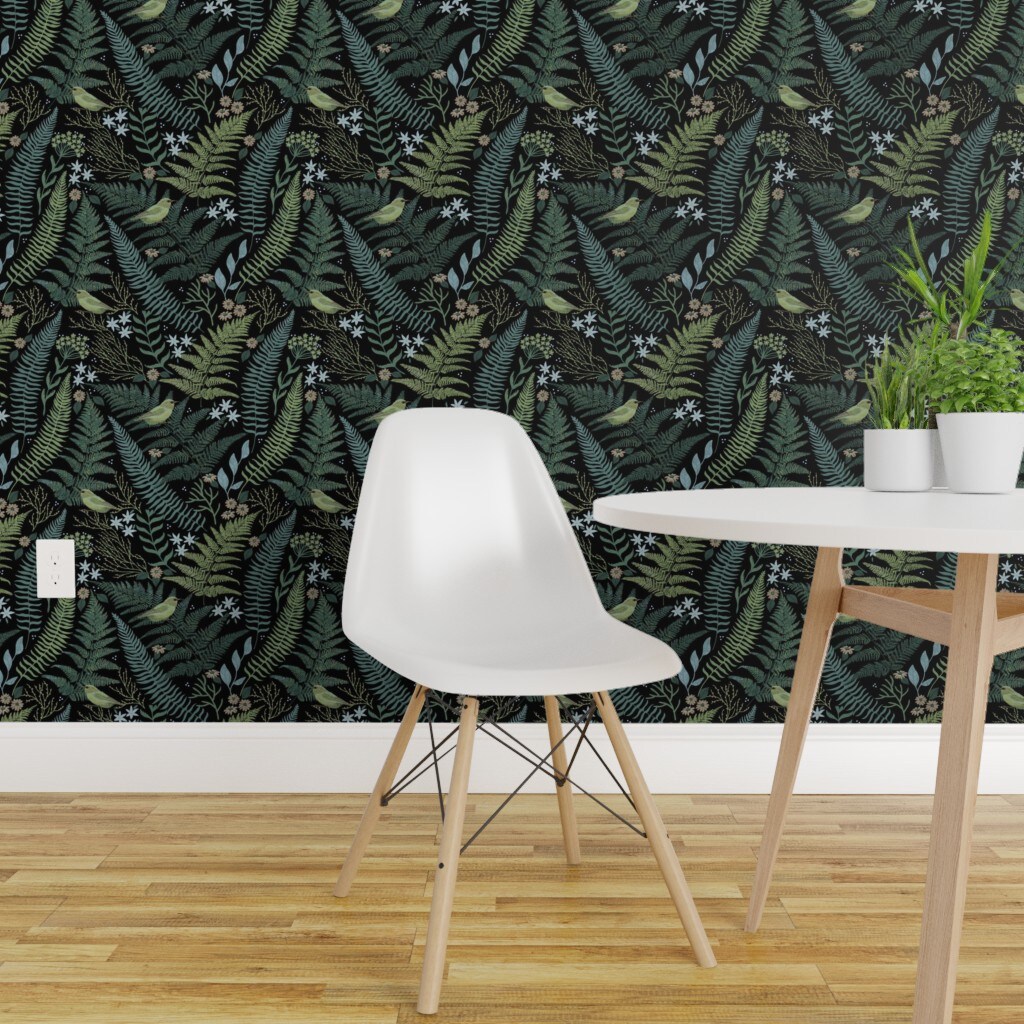 Pre-Pasted Wallpaper 2FT Wide Fern Forest Black Hawaii Palapalai Dark Tropical Custom Pre-pasted Wallpaper by Spoonflower