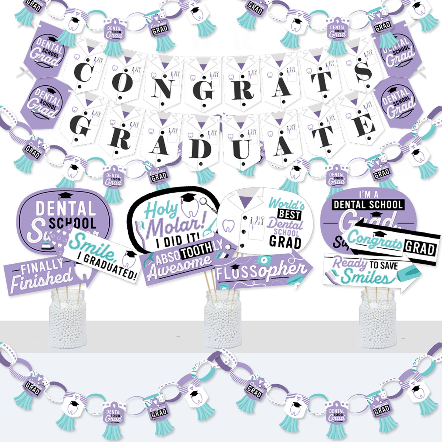 Big Dot of Happiness Dental School Grad - Banner and Photo Booth Decorations Dentistry and Hygienist Graduation Party Supplies Kit - Doterrific Bundle