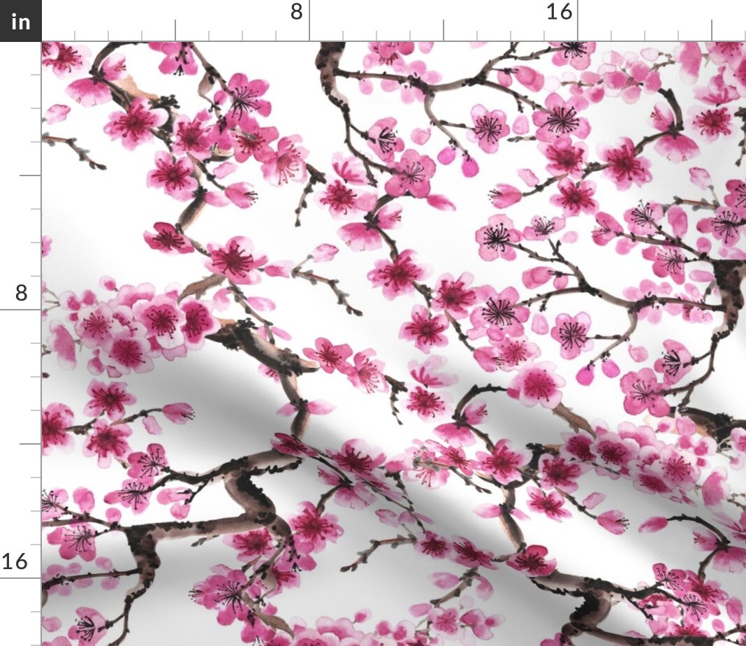Cherry Blossoms Spring Flower Pink Watercolor Japanese Inspired Tree Floral Custom Printed Fabric by Spoonflower Various Fabrics by the Yard or Fat Quarter