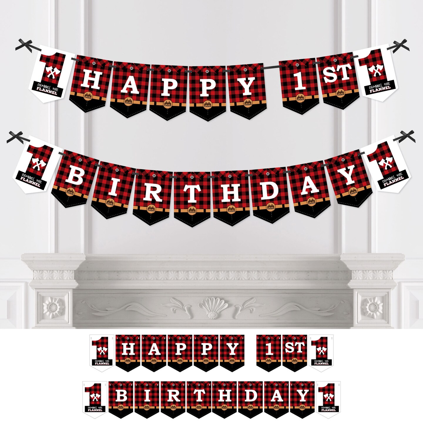 Big Dot of Happiness 1st Birthday Lumberjack - Channel The Flannel - Buffalo Plaid First Birthday Party Bunting Banner Decoration - Happy 1st Birthday