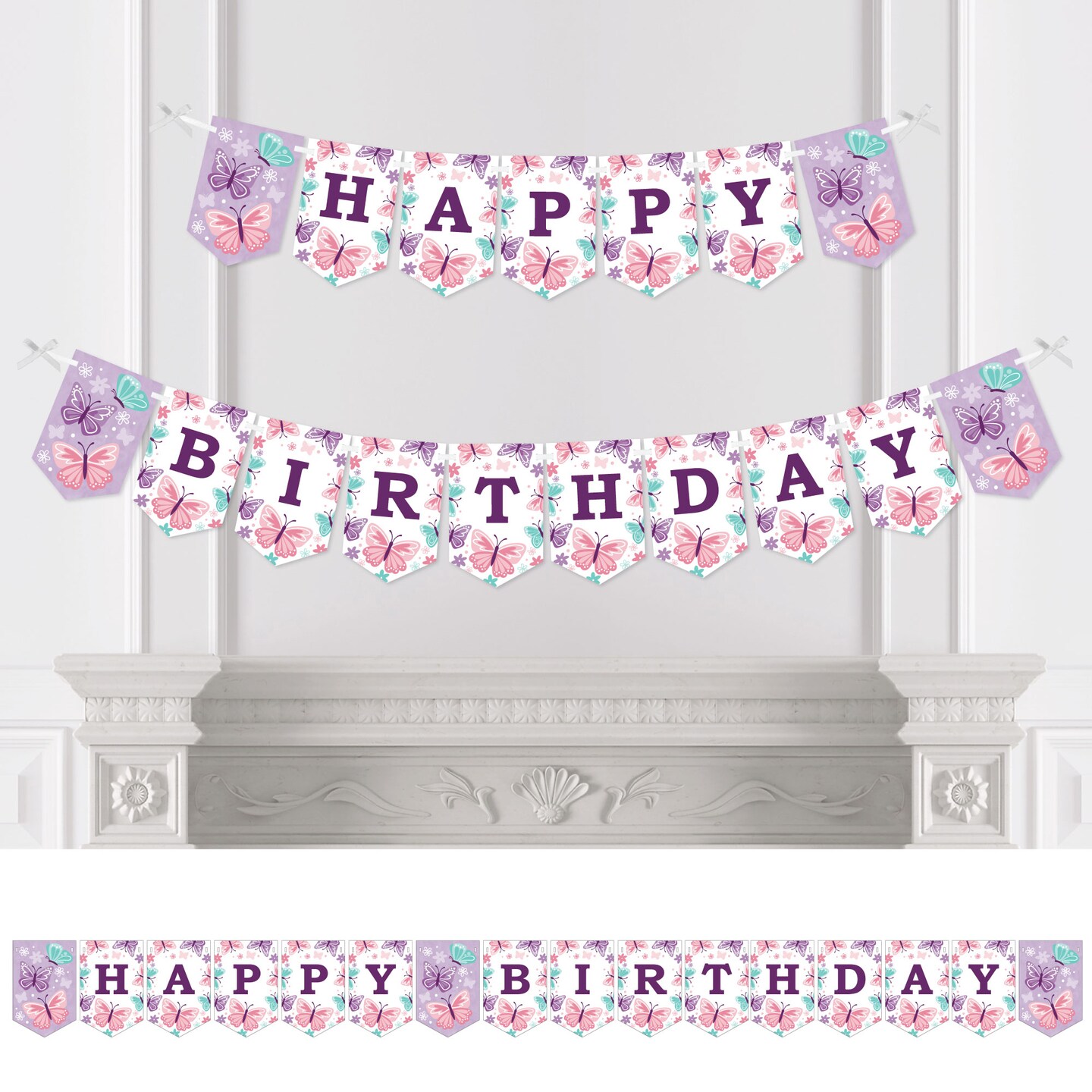 Big Dot of Happiness Beautiful Butterfly - Floral Birthday Party Bunting Banner - Party Decorations - Happy Birthday