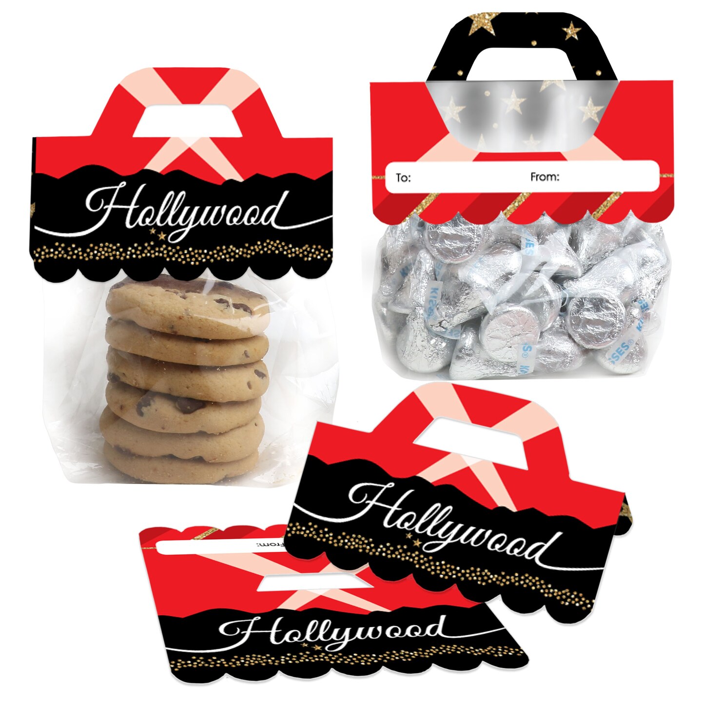 Big Dot of Happiness Red Carpet Hollywood - DIY Movie Night Party Clear Goodie Favor Bag Labels - Candy Bags with Toppers - Set of 24