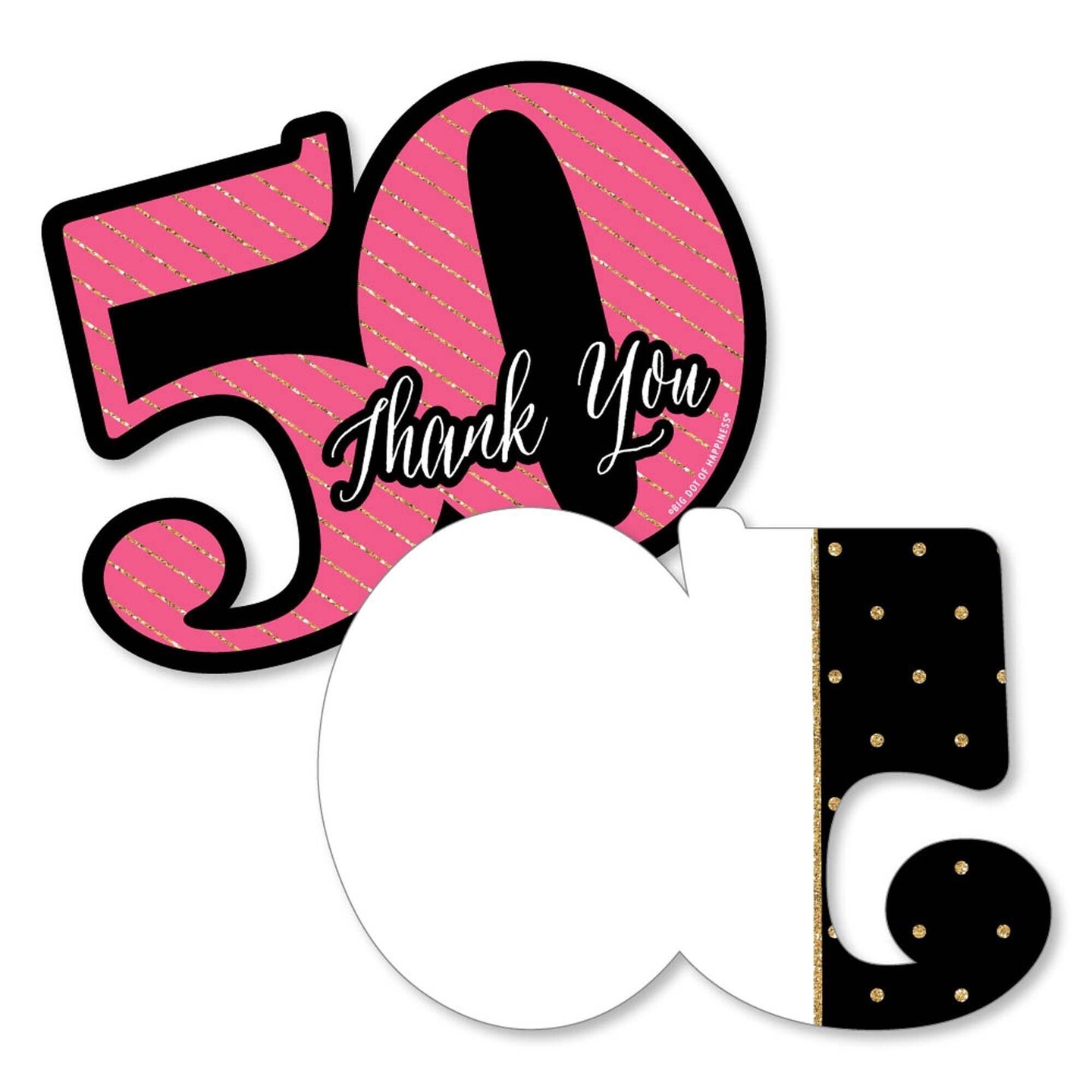Big Dot of Happiness Chic 50th Birthday - Pink, Black &#x26; Gold - Shaped Thank You Cards - Birthday Party Thank You Note Cards with Envelopes - Set of 12