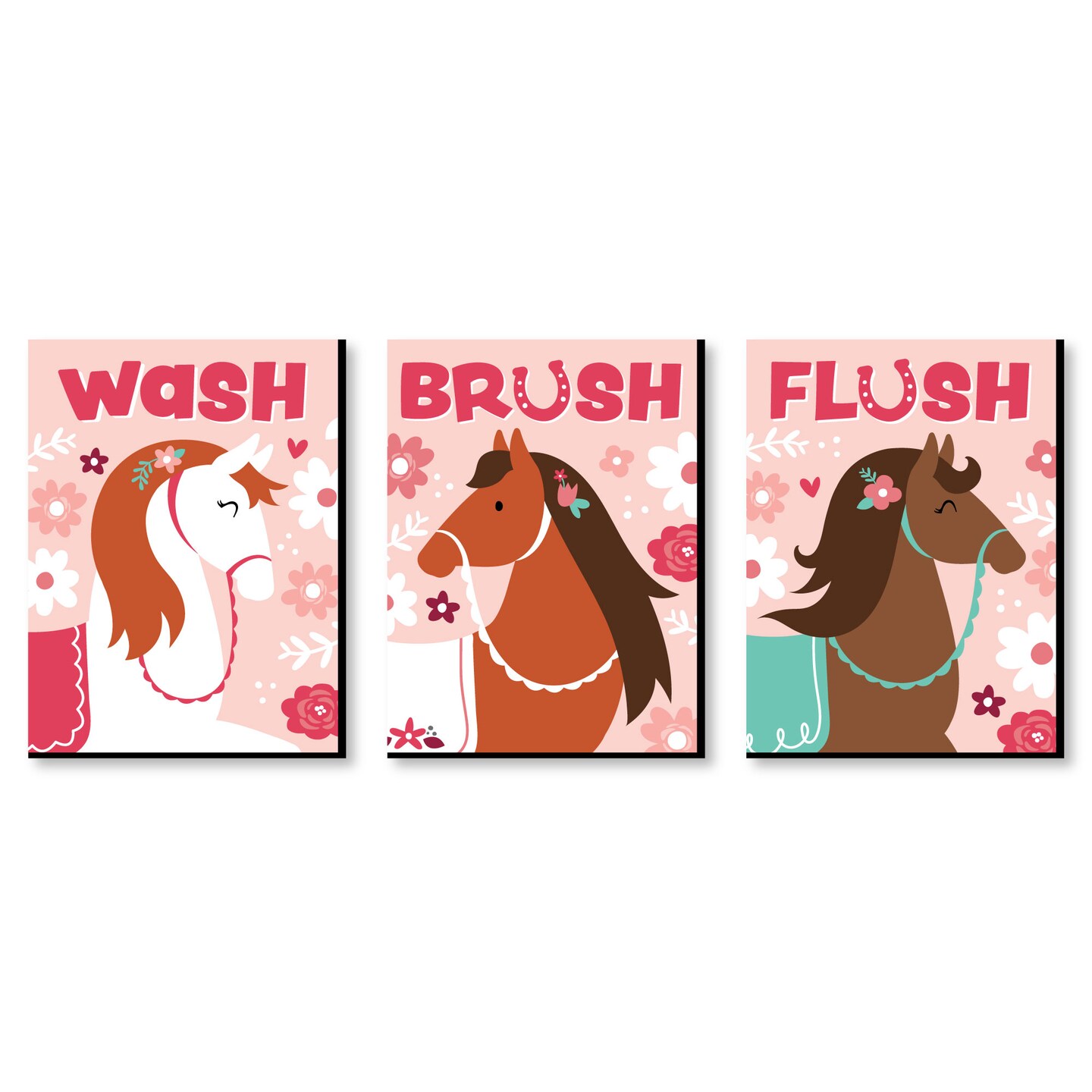 Big Dot of Happiness Run Wild Horses - Pony Kids Bathroom Rules Wall Art - 7.5 x 10 inches - Set of 3 Signs - Wash, Brush, Flush