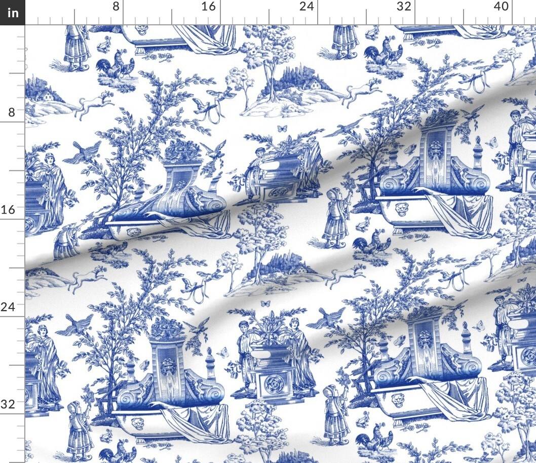 Petal Signature Cotton by the Yard or Fat Quarter Indigo Blue White Floral Toile Roses Classical Custom Printed Fabric by Spoonflower