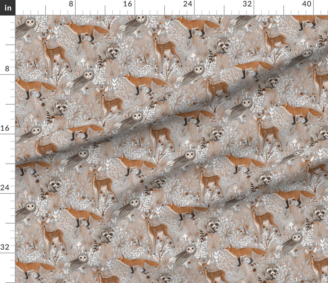 Nature Deer Forest Woodland Owl Wild Animals Whimsical Neutral Fox Gender Raccoon Cute Leaf Custom Printed Fabric by Spoonflower Various Fabrics by the Yard or Fat Quarter